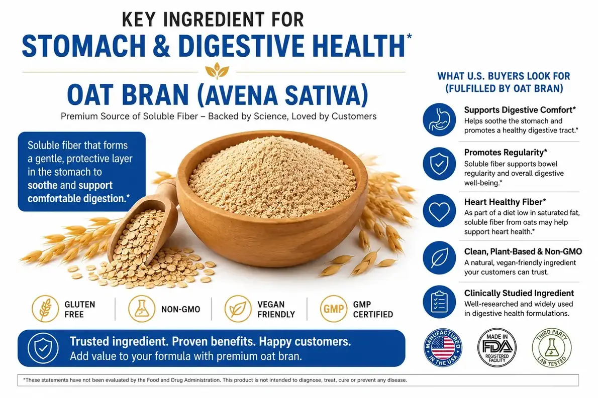 Oat bran (Avena sativa) ingredient sheet published by FloraNew, describing soluble fibre for digestive comfort and regularity